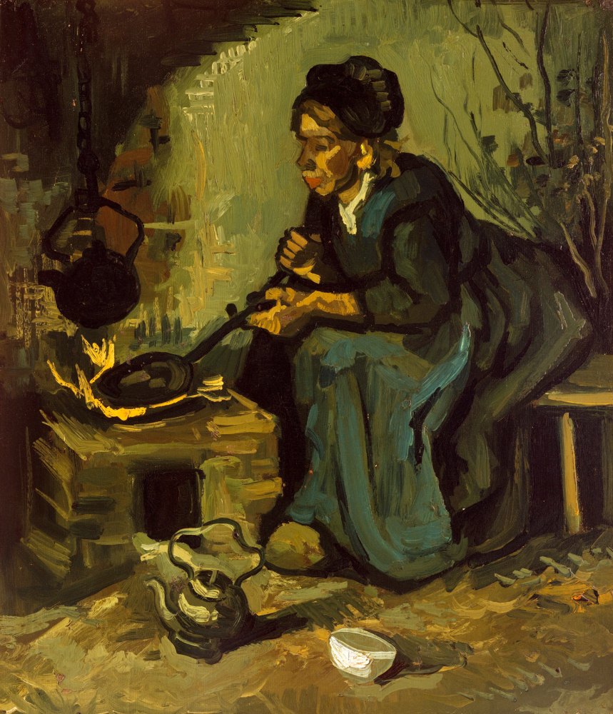 Contadina che Cucina Accanto al Focolare
