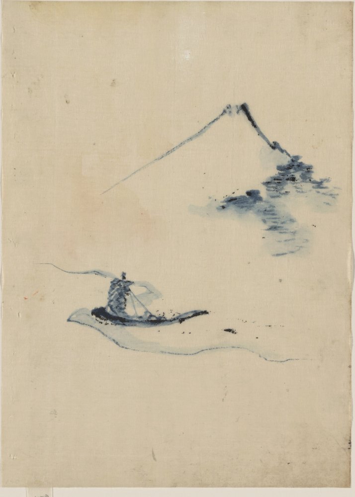 Una Persona in una Piccola Barca su un Fiume con il Monte Fuji sullo Sfondo