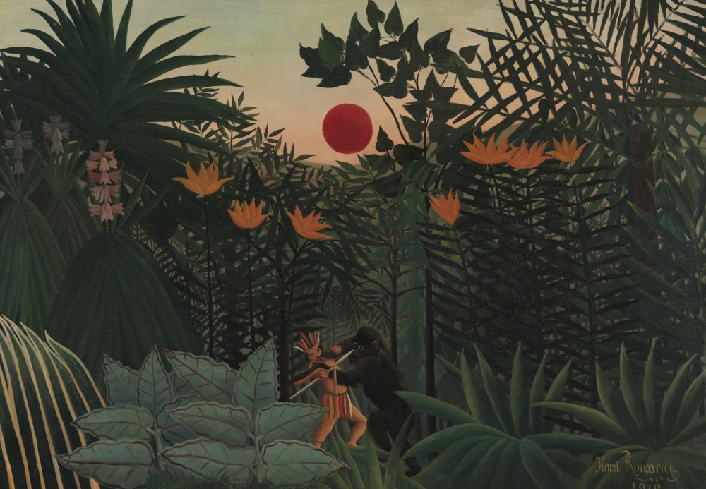 Paesaggio Tropicale: Indiano Americano che Lotta con un Gorilla