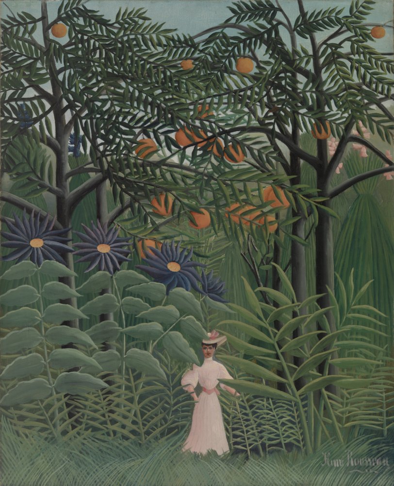 Donna che Cammina in una Foresta Esotica